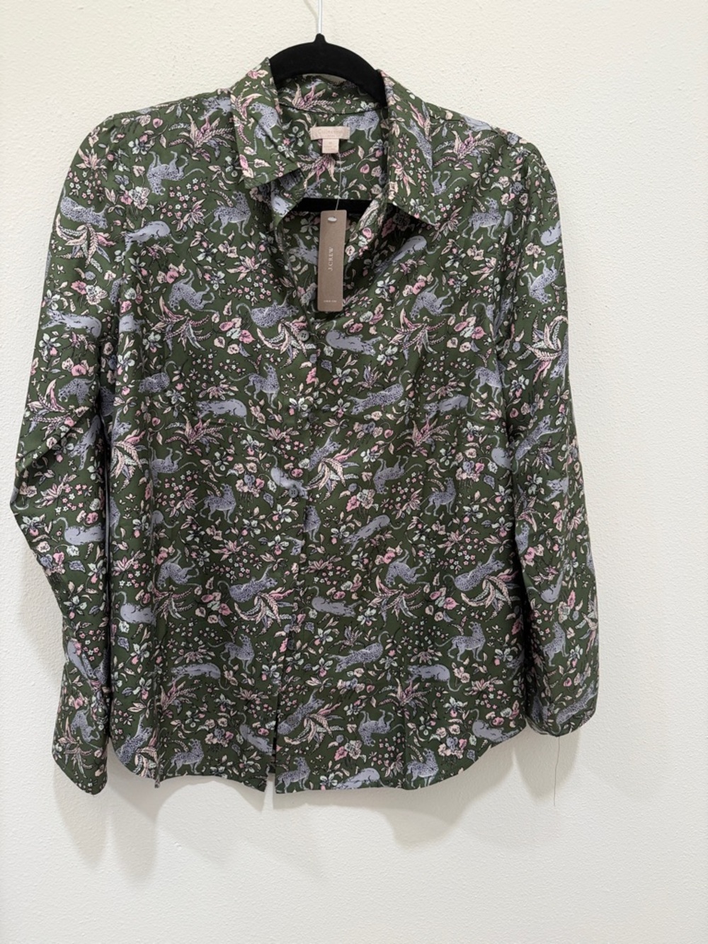 J. Crew Olive Green Floral & Deer Print Button-Front Blouse